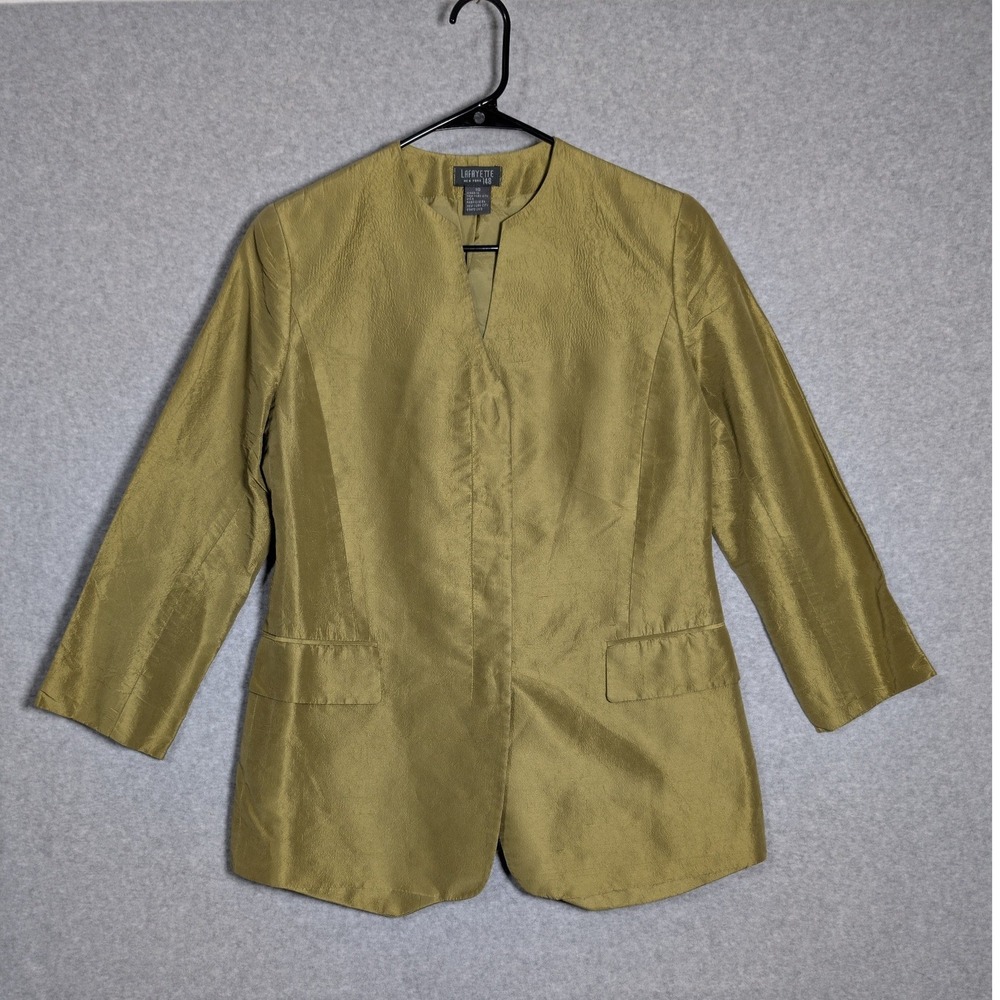 Lafayette 148 New York Skirt Suit Womens 10/12 Chartreuse Silk Made in USA Chic